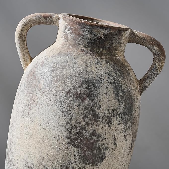 9.84 Inch Ceramic Vase with Handles, Tuscan Decor Antique Terracotta Vase, Rustic Decorative Flower Vase for Home Decor, Farmhouse, Living Room, Table, Bedroom, Office, Entrance- Gray
