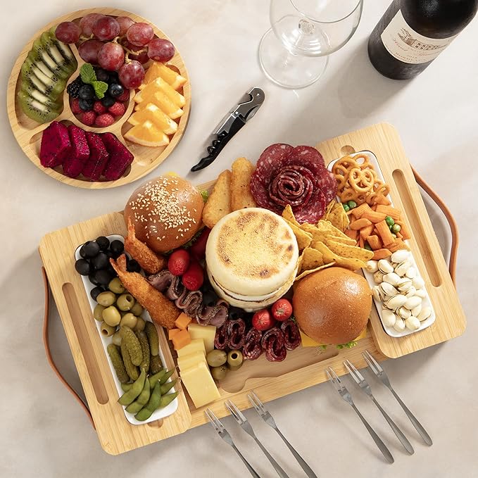 Bamboo Charcuterie Boards Gift Set with Magnetic Removable Side Trays, Fruit Tray, Handles, Cutlery-Ready Box & House Warming Gifts New Home