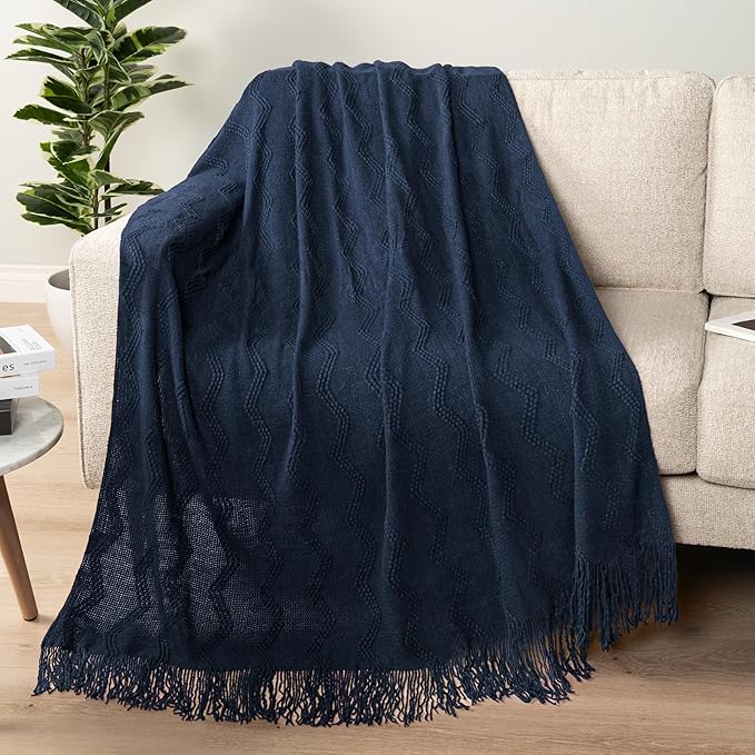 PAVILIA Navy Blue Knit Throw Blanket for Couch Bed, Soft Knitted Farmhouse Sofa Throw for Living Room, Lightweight Decorative Summer Throw Blanket for Chair, Outdoor Textured Boho Blanket, 50x60