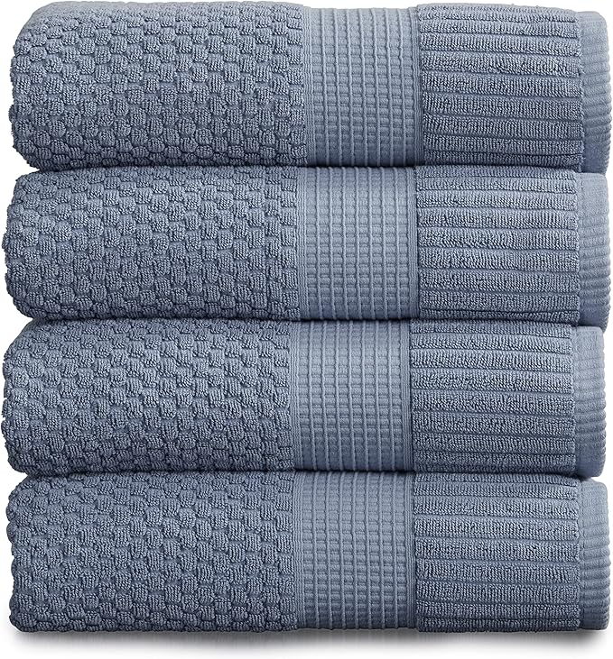 NY Loft 100% Cotton Bath Towel 4 Pack | Super Soft & Absorbent Quick-Dry Bath Towels 30" x 52" |Textured and Durable Cotton | Trinity Collection (4 Pack Bath Towel, Flint Stone)