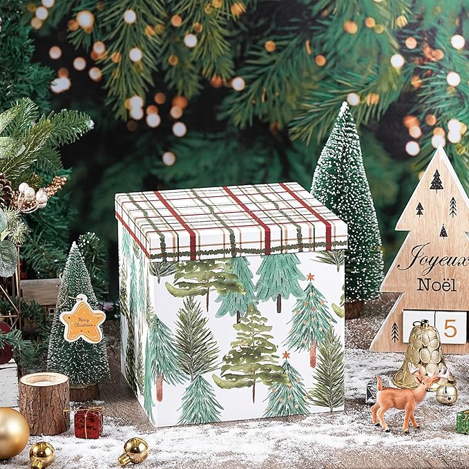 RUSPEPA Christmas Gift Box with Lid, Watercolor Christmas Tree Design and Plaid Lid, Medium Collapsible Holiday Box with Ribbon and Tissue Paper for Gift Wrapping, Candy Storage, 9x9x9 Inches, 1 Pcs