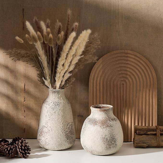 Ceramic Vase Set of 2 for Home Decor, Handcrafted Vintage Terracotta Vases, Rustic Farmhouse Decor, Minimalist Decorative Vase Set for Table Centerpiece Fireplace Nightstand Decoration - Brown