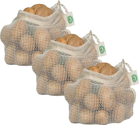 Reusable Mesh Produce Bags made from 100% Organic Cotton - 12"x10", Perfect Reusable Net Vegetable Bags - Washable Fruit, Vegetable & Produce Sacks (3 Medium)
