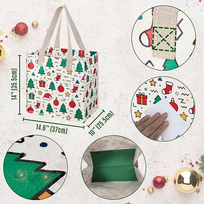 VENO 4 Pack Christmas Reusable Grocery Bags, Heavy-Duty Shopping Bags with Handles, for Shopping Cart with Hard Bottom to Stand Upright, Foldable (Jingle Mix, 4 Pack)