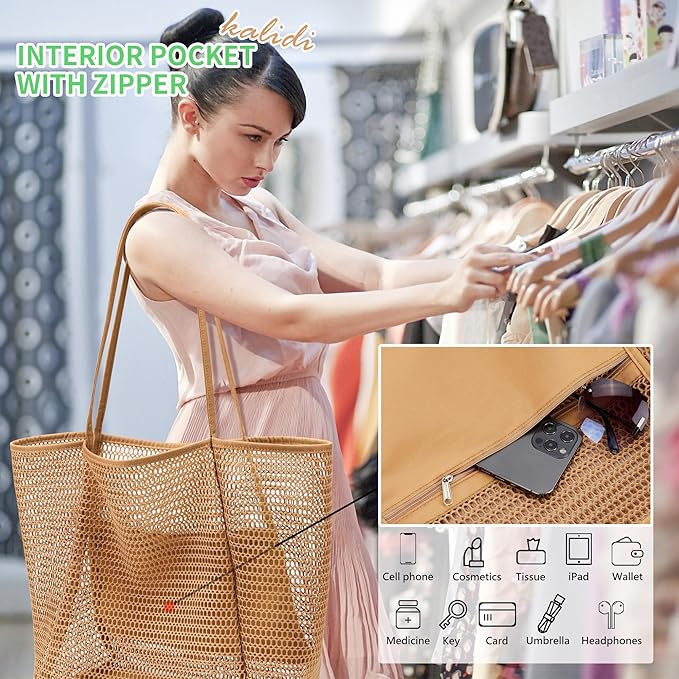 KALIDI BeachNylon Mesh Tote Bag, Casual Tote Bag Hobo Women Foldable MAX 23L Shoulder Bag For Beach Picnic Vacation