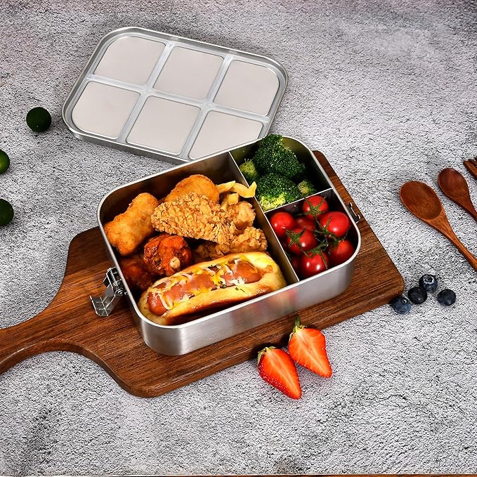 UPTRUST Stainless Steel Bento Lunch Box, 3-Compartment Large 1400ML Metal Bento Box for Kids or Adults, Container with Lockable Clips to Leak Proof