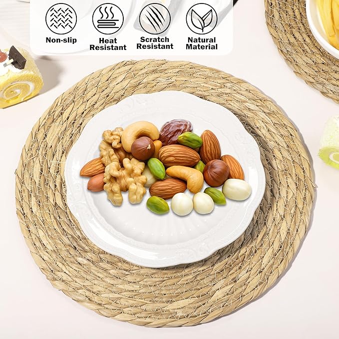 Elcoho 20 Pieces Round Woven Placemats 12 Inch Boho Rattan Placemats Farmhouse Braided Place Mats Woven Plate Chargers Rustic Wicker Table Mats for Dining Table