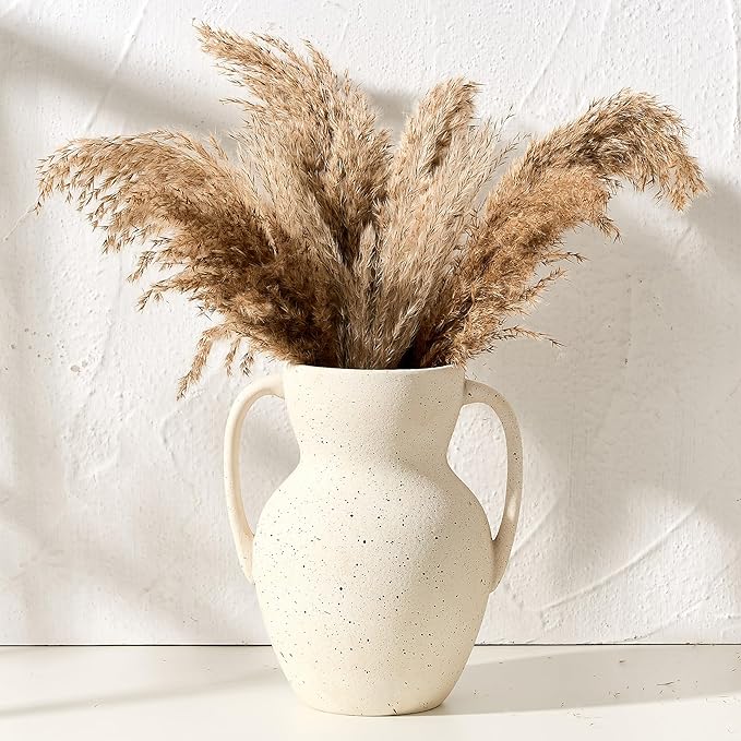 White Ceramic Rustic Vase with 2 Handles, Farmhouse Round Flower Vase, Vintage Terracotta Vases for Home Decor, Wedding, Living Room, Table, Shelf Decor - 8.6 Inch Tall, Speckled White
