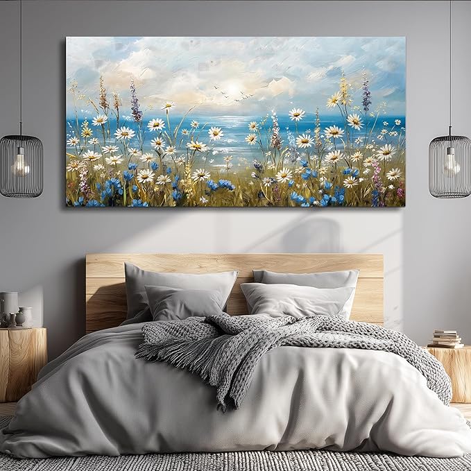 Large Wall Decor for Living Room Canvas Wall Art for Office Modern Wall Decorations for Bedroom White Flower Landscape Paintings Farmhouse Pictures Artwork Room Home Decor 48x24
