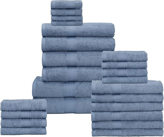 HILLFAIR 24 Piece Bath Towels Set for Bathroom- 100% Cotton 24 PC Bulk Pack Hotel Spa Towel Set- 2 XXL Oversized Big Towels, 4 Bath Towels, 6 Hand Towels, 4 Fingertip Towels, 8 Washcloths: Blue