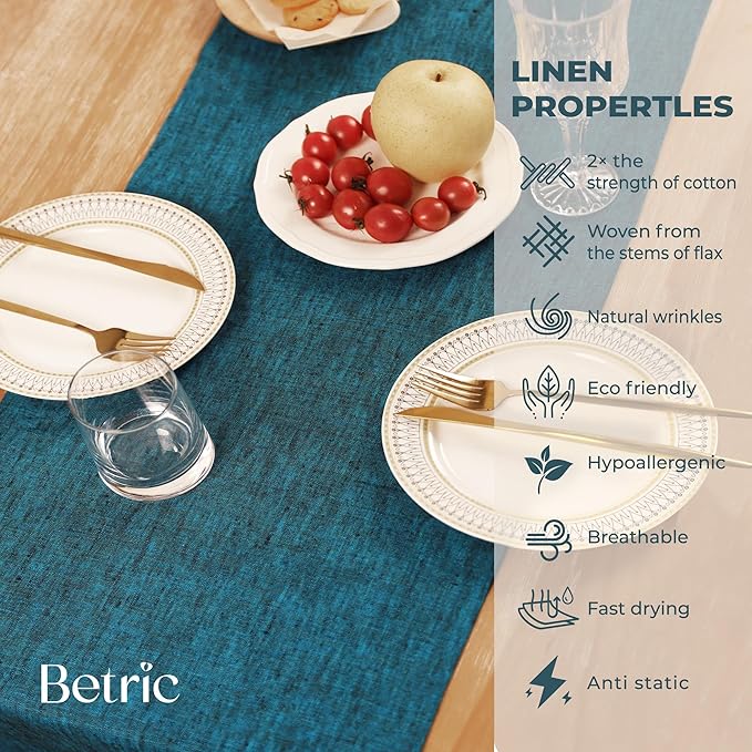 100% Pure Linen Table Runner - 14 x 90 Inch Dresser Scarf for Farmhouse Dining Table, Perfect for Fall, Thanksgiving, and Christmas -Athena -Chambray Teal