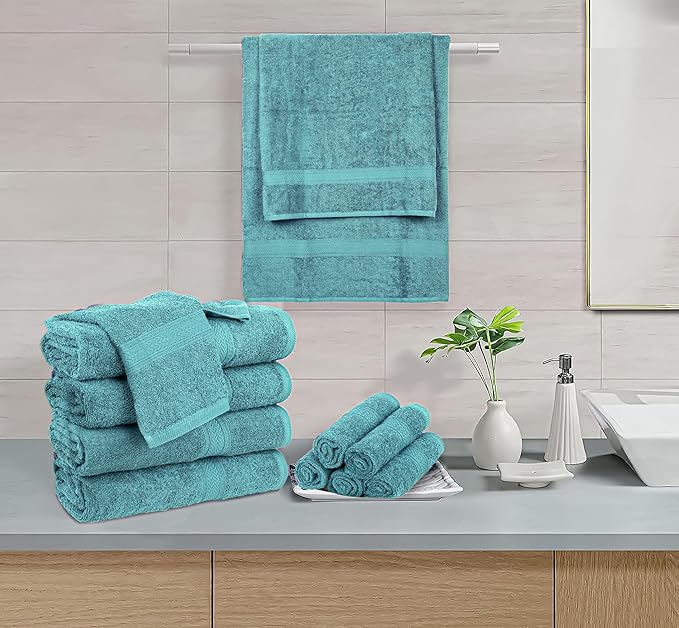 HILLFAIR 24 Piece Bath Towels Set for Bathroom- 100% Cotton 24 PC Bulk Pack Hotel Spa Towel Set- 2 XXL Oversized Big Towels, 4 Bath Towels, 6 Hand Towels, 4 Fingertip Towels, 8 Washcloths: Turquoise