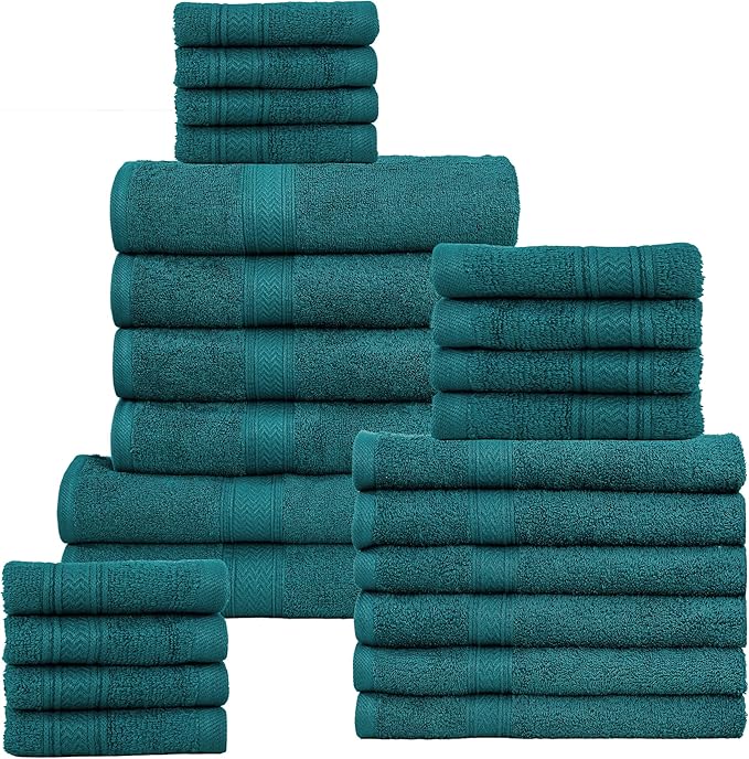 HILLFAIR 100% Cotton Towels Set for Bathroom, Quick Drying, High Absorbent 24Pc Towel Set, 2 Bath Sheets, 4 Bath Towels, 6 Hand Towels, 4 Fingertip Towels, 8 Washclothes: Teal (600GSM-24PC-TEAL)