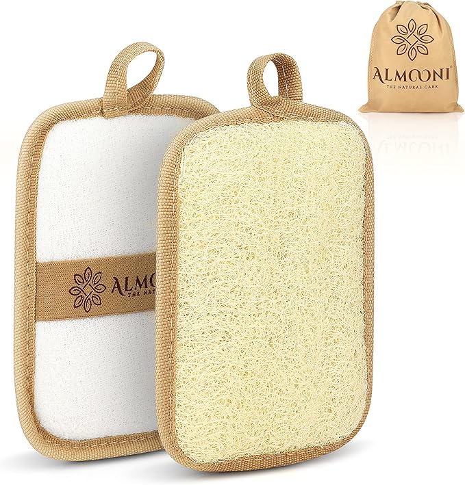 Almooni Premium Egyptian Exfoliating Loofah Pad Body Scrubber - Rectangular loofa Shape - Made with Natural Egyptian Shower lufa Sponge That Gets You Clean, Not Just Spreading Soap (2 Pack)
