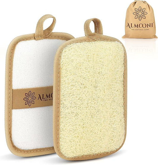 Almooni Premium Egyptian Exfoliating Loofah Pad Body Scrubber - Rectangular loofa Shape - Made with Natural Egyptian Shower lufa Sponge That Gets You Clean, Not Just Spreading Soap (2 Pack)