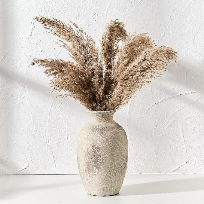 Ceramic Rustic Flower Vase, 8.27 Inch Vintage Pottery Home Decor, Antique Farmhouse Terracotta Vase for Living Room, Table, Shelf, Mantel Decoration, Farmhouse - Natural Brown