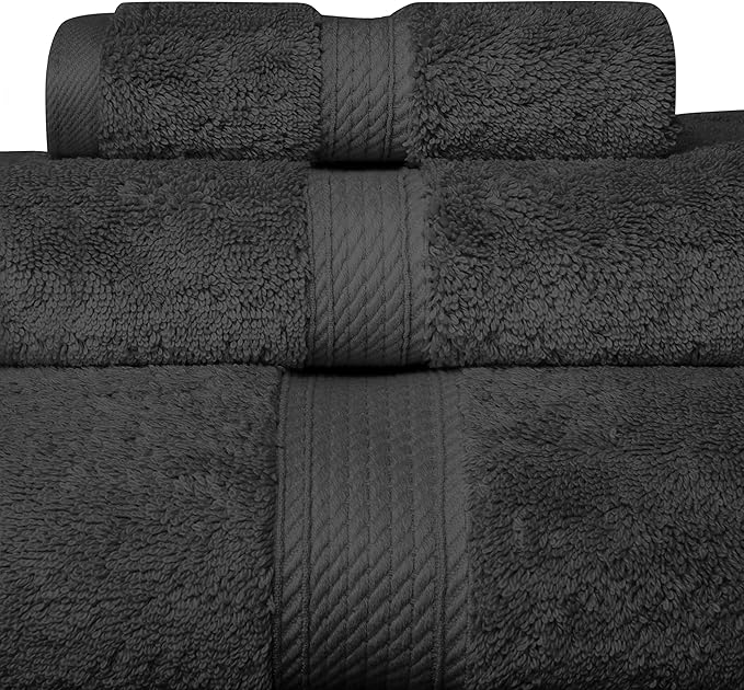 BLUENILEMILLS Buckingham Egyptian Cotton 3-Piece Towel Set, Washcloths, Hand Towels, Bath Towels, Charcoal