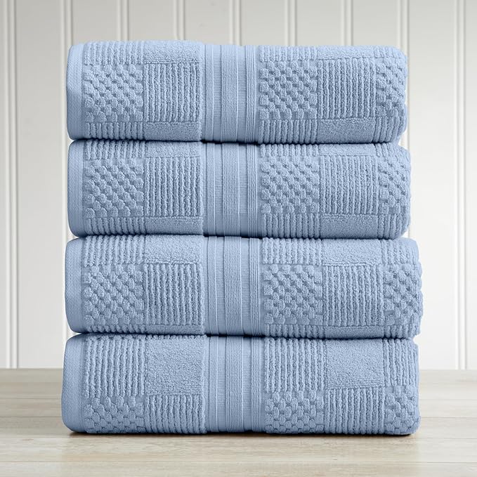 Springtree Home 100% Cotton Bath Towel Set of 4 | Blue Towels | Geometric Textured Design | Absorbent & Quick-Dry | 4 Bath Towels | Oeko-TEX® Standard 100 Cotton | Myla Collection - Blue Cashmere