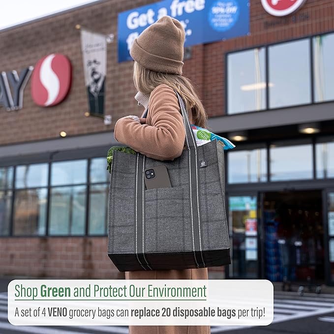 VENO 4 Pack Reusable Grocery Bags with Hard Bottom, Heavy-Duty Shopping Bags for Shopping Cart (Windowpane, 4 Pack)