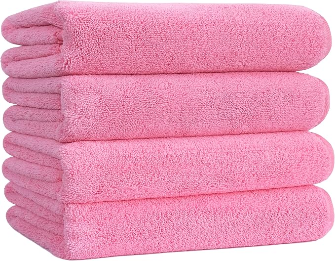 POLYTE Microfiber Quick Dry Lint Free Bath Towel, 57 x 30 in, Pack of 4 (Pink)