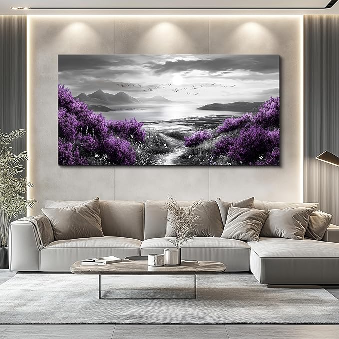 Canvas Wall Decor for Bedroom Large Wall Art for Living Room Modern Office Wall Decoration Purple Flowers Landscape Paintings Black and White Scenery Pictures Artwork Aesthetic Home Decor