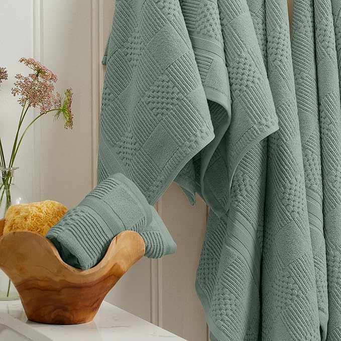 Springtree Home 100% Cotton Bath Towel Set of 4 | Green Bath Towels | Geometric Textured Design | Absorbent & Quick-Dry | 4 Bath Towels | Oeko-TEX® Standard 100 Cotton | Myla Collection - Lily Pad