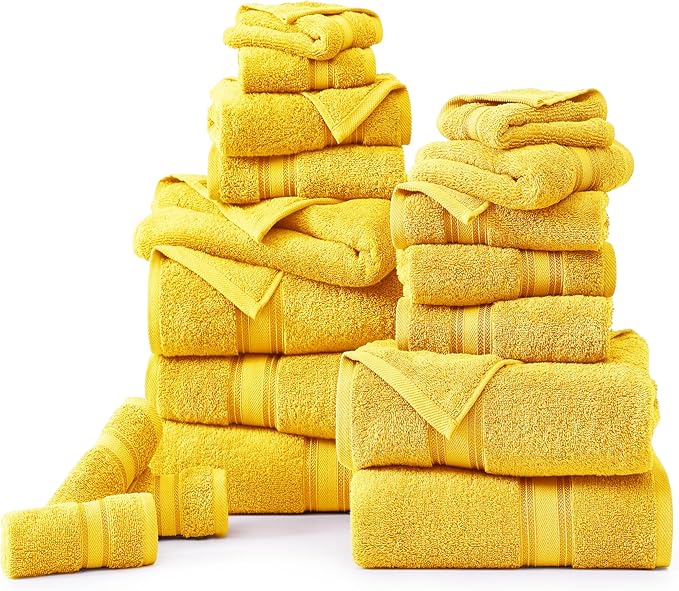 LANE LINEN 18 Pc Bath Towels Set – Ultra Soft 100% Ring-Spun Cotton, 6 Bath, 6 Hand Towel & 6 Wash Cloth, Zero Twist, Quick-Dry, Long-Lasting Comfort & Hotel Quality, Machine Washable – Mimosa