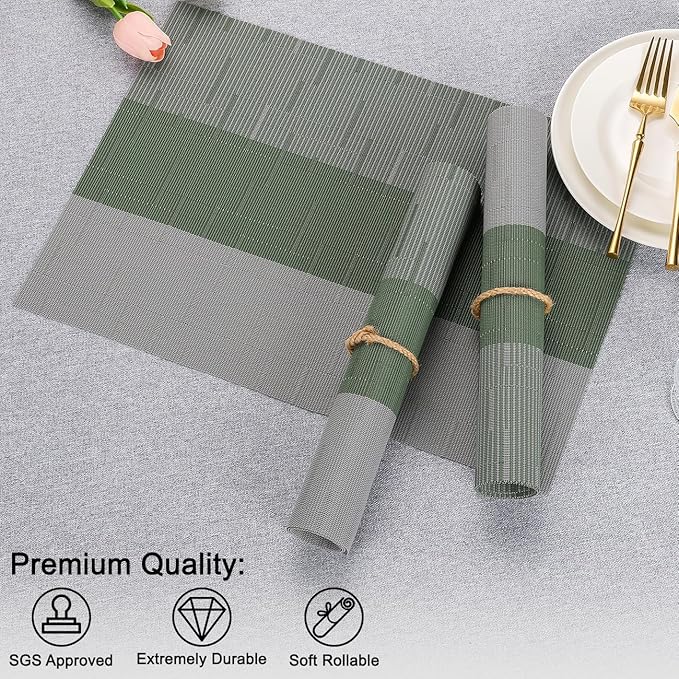 Placemats Set of 4, Vinyl Woven Place Mats Indoor Set of 4 Washable Wipeable PVC Table Mats Heat-Resistant Non Slip Placemat for Kitchen Dining Outdoor Table (Gray Sage Green, Set of 4)