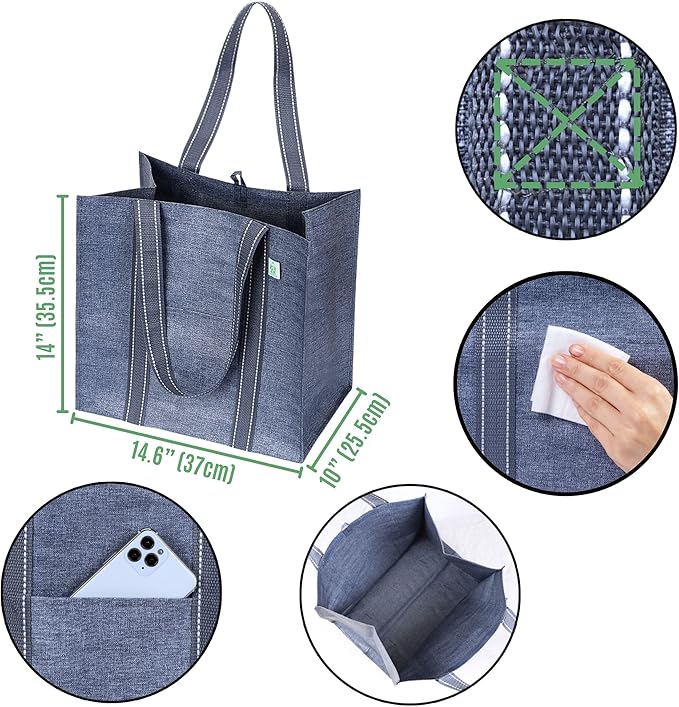 VENO 4 Pack Reusable Grocery Bags with Hard Bottom, Heavy Duty Foldable Shopping Bags for Cart (Random Colors, 4 Pack)