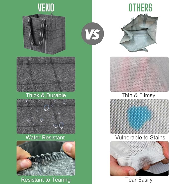 VENO 4 Pack Reusable Grocery Bags with Hard Bottom, Heavy Duty Foldable Shopping Bags for Cart (Random Colors, 4 Pack)