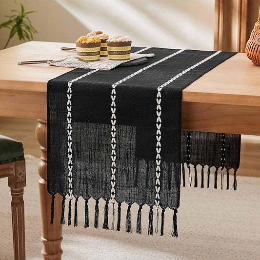 Braided Farmhouse Table Runner,Braided Black 13x108 Inch, Cotton Linen Table Runners 108 Inches Long, Embroidered Striped Black Boho Table Runner Rustic Home Decors
