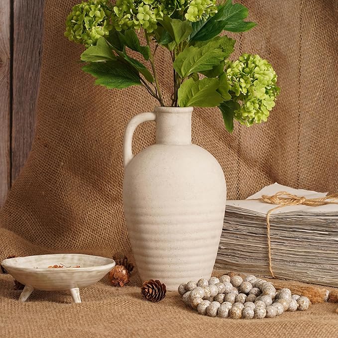 White Ceramic vase with Handle, 10inch Boho Unique Textured Pottery, Rustic Farmhouse Decorative Terracotta vases for Flowers, Centerpieces, Living Room.