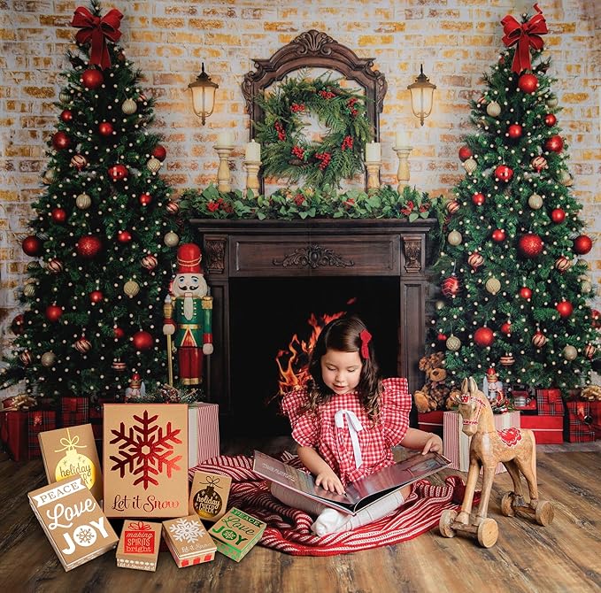 Hollyone 7 Pack Kraft Christmas Gift Boxes with Lids in Assorted Designs Christmas Gift Wrap Boxes Different Sizes Xmas Gift Boxes Shirt Box for Wrapping Xmas Holiday