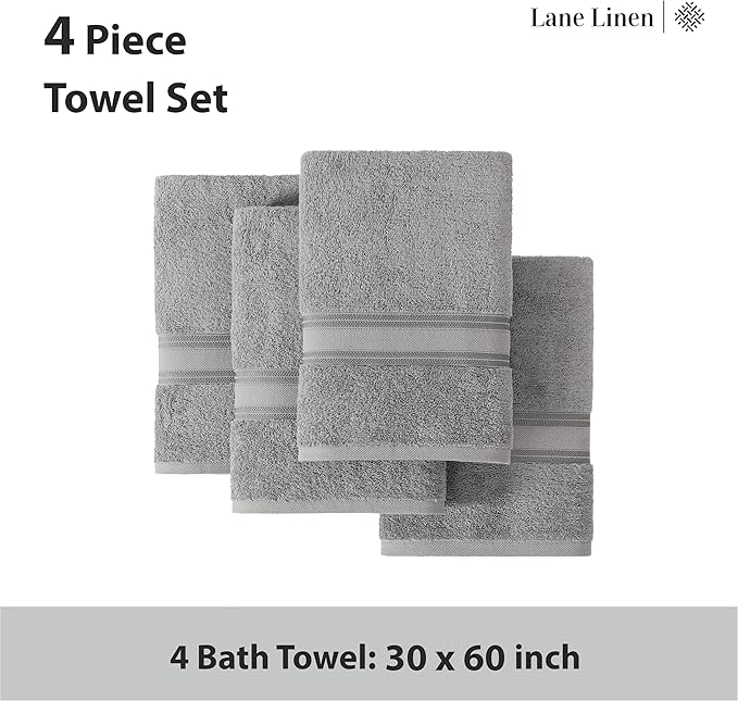 LANE LINEN 100% Cotton Bath Towels Set of 4 (30"x60") - Zero Twist, Mercerized Cotton Extra Large Bathroom Towel Sets - Quick Dry, Soft & Absorbent Grey Towels Set - Pre Shrunk, Fade Resistant - Grey