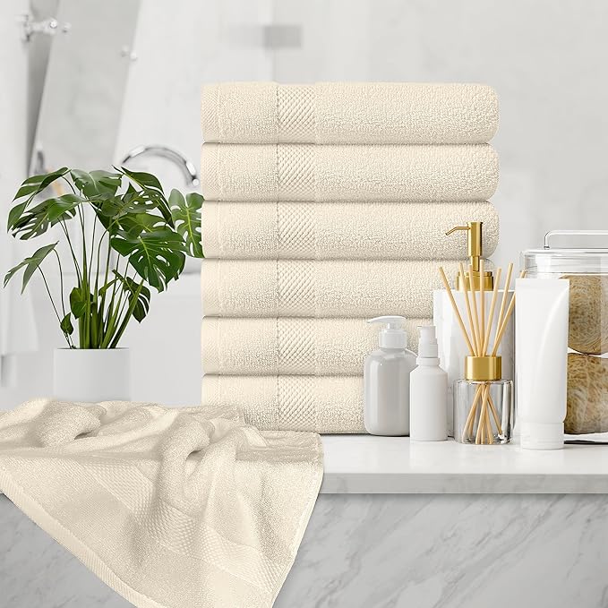 White Classic Luxury Ivory Hand Towels - Soft 100% Turkish Cotton | Highly Absorbent Hotel spa Bathroom Towel Collection | 16x30 Inch | Set of 6