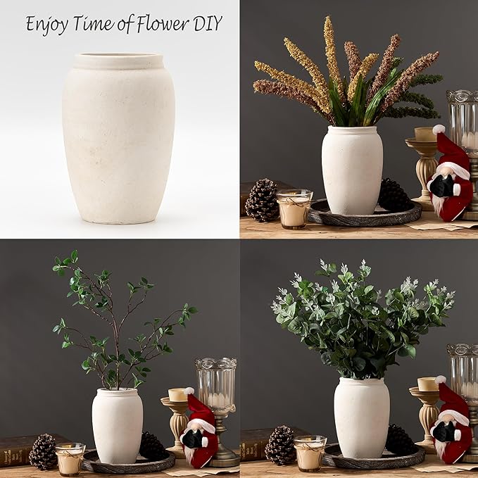 Ceramic Vase, 8.2 Inches Vintage Pottery White Vases, Rustic Home Decor, Farmhouse Terra Cotta Vase for Living Room, Entryway, Floor, Holiday Wedding Christmas New Year Gifts-Beige