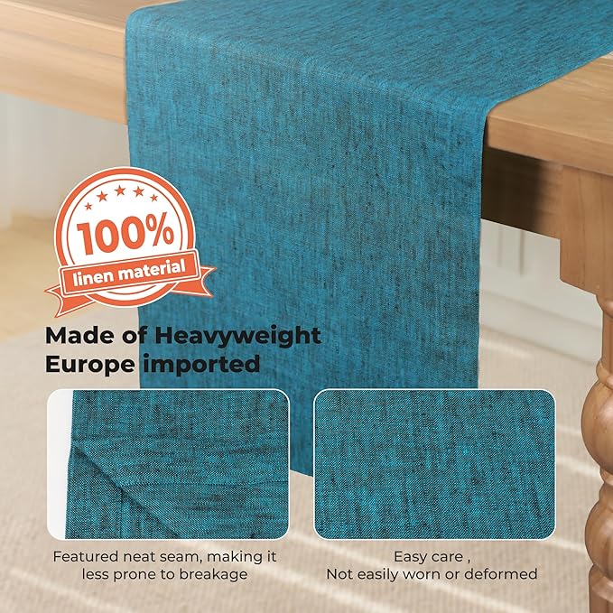 100% Pure Linen Table Runner - 14 x 90 Inch Dresser Scarf for Farmhouse Dining Table, Perfect for Fall, Thanksgiving, and Christmas -Athena -Chambray Teal