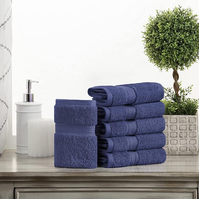 BLUENILEMILLS BNM Egyptian Cotton 6-Piece Towel Set, Includes 6 Face Towels, Attached Loop for Easy Hanging and Storage, Hotel Quality, Perfect for Bathroom, Gym, Shower Space, or Spa, Navy Blue