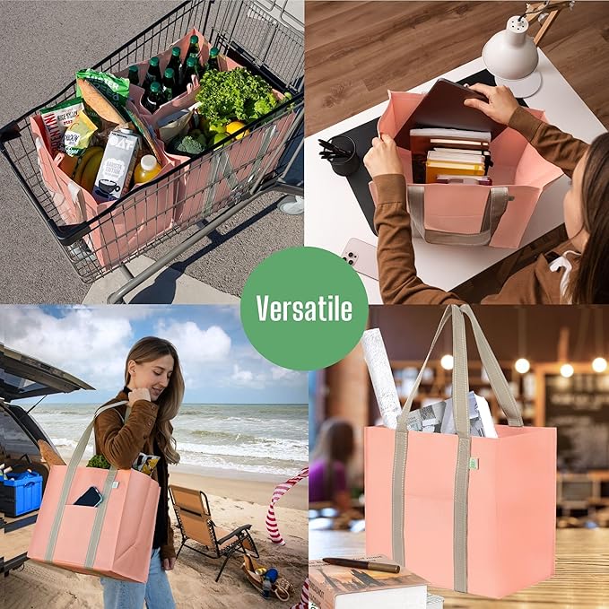 VENO 4 Pack Reusable Grocery Bags, Heavy-Duty Shopping Bags with Handles and Hard Bottom to Stand Upright, Foldable, Multi-Purpose, Sustainable (Peach Pink, 4 Pack)