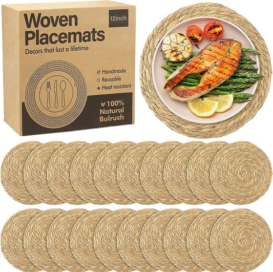 Elcoho 20 Pieces Round Woven Placemats 12 Inch Boho Rattan Placemats Farmhouse Braided Place Mats Woven Plate Chargers Rustic Wicker Table Mats for Dining Table