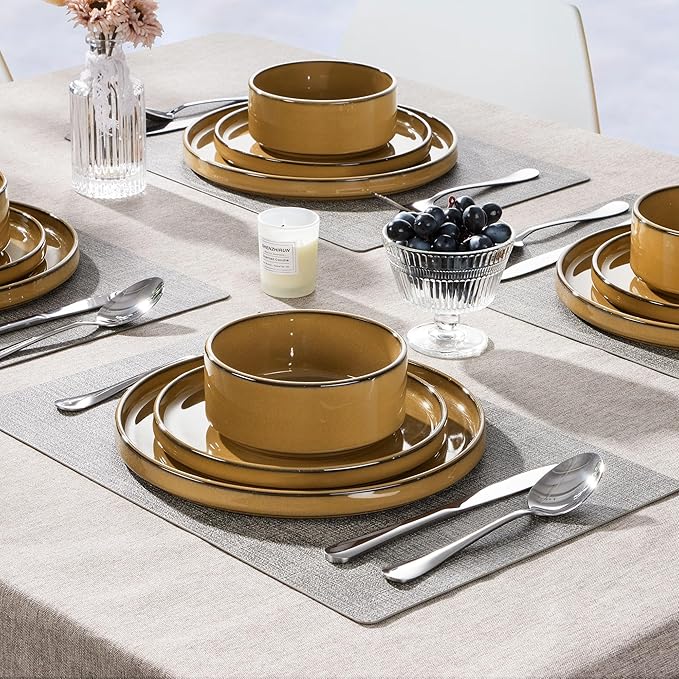 Herogo 12 Pieces Stoneware Dinnerware Set for 4, Ceramic Dinner Dishware Sets for Home Kitchen, Plates and Bowls with Rustic Terracotta Bottom, Dishwasher & Microwave Safe, Earthen Brown