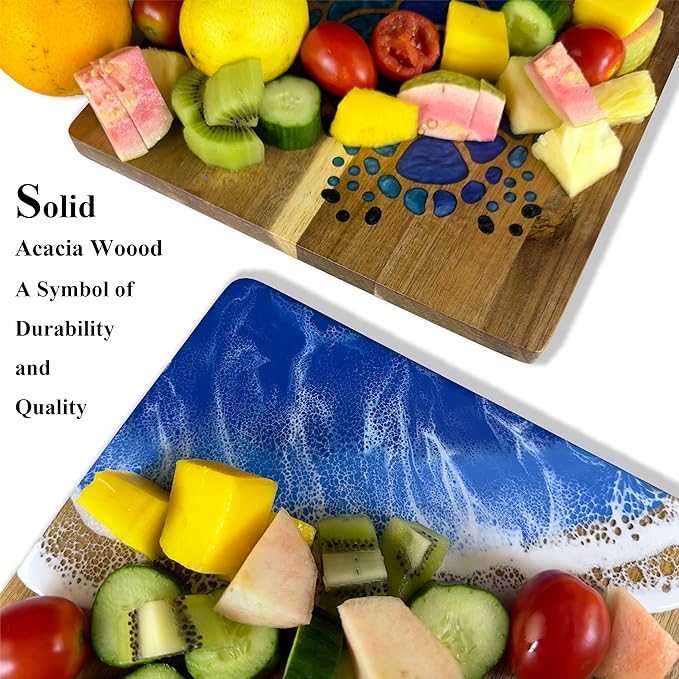 Acacia Wood Cutting Board With Blue Resin Wave & Sea Turtle Epoxy Resin Ocean Pan for Kitchen Meal Prep Serving Tray Versatile Cheese & Charcuterie Board for Meat Vegetable Gift 15*10 inch