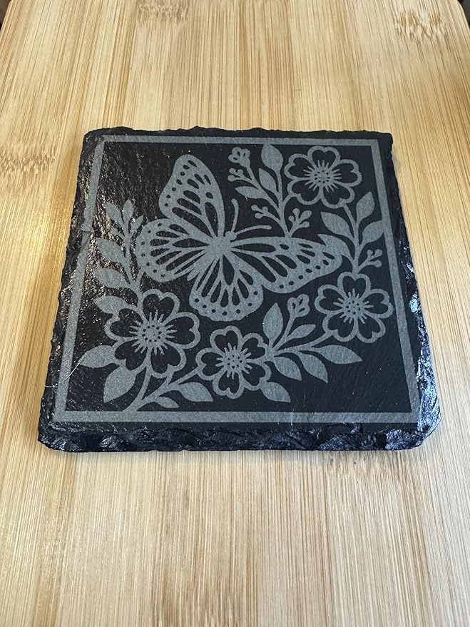 Natural Slate Butterfly and Floral Design Coasters, Black Stone Drink Coasters, Decorative Table Protection Set of 4