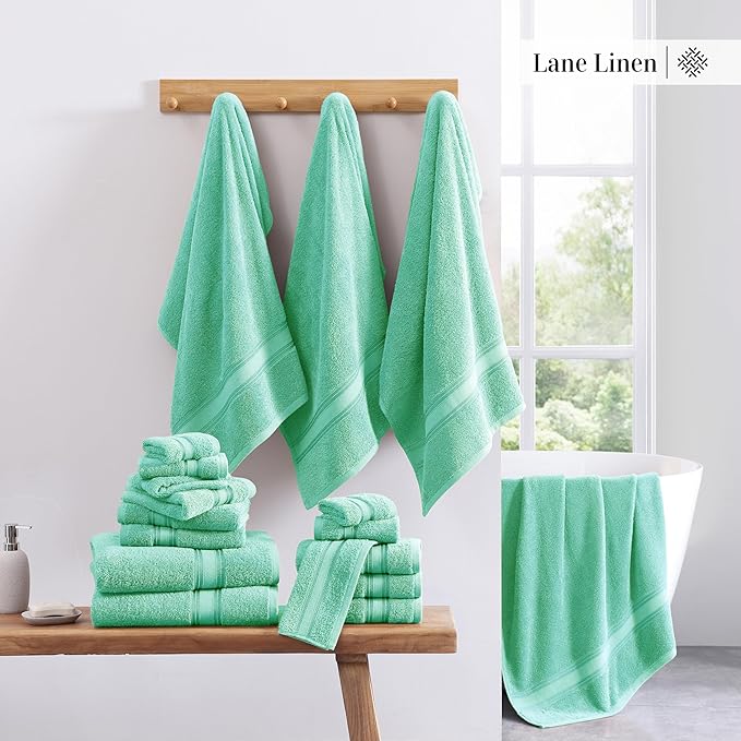 LANE LINEN Luxury Bath Towel Set of 12 – 100% Ring-Spun Cotton, 4 Bath Towels, 4 Hand Towel & 4 Washcloths, Zero Twist, Remains Soft & Absorbent Even After Multiple Washes - Aqua Sky