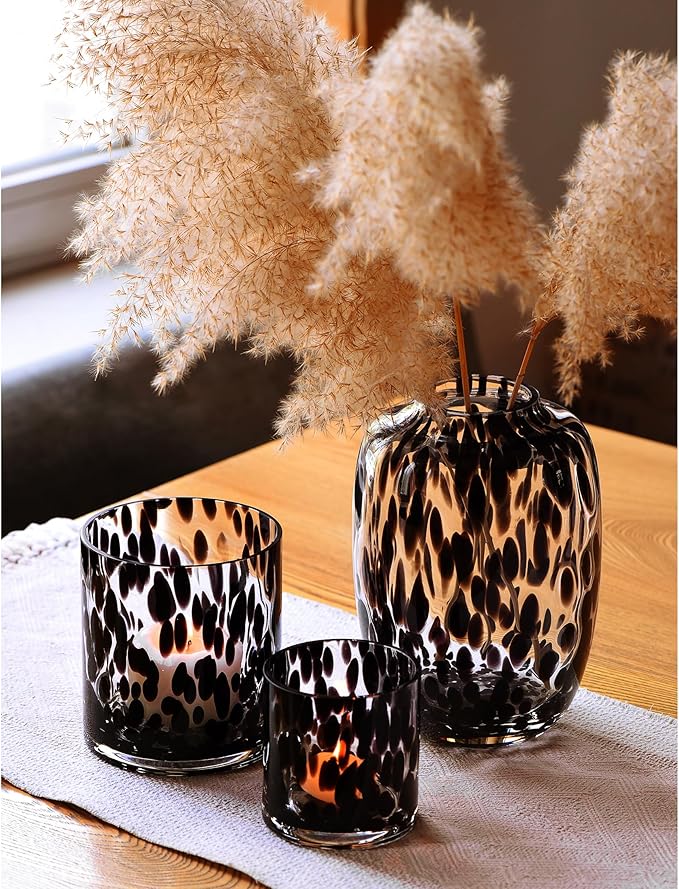 CONVIVA Glass Vase and Candle Holder Set, 3-Piece,Modern Fall Decor Table Centerpiece Thanksgiving Christmas Day Gift Idea,Flower Vase Black Tortoise Pattern