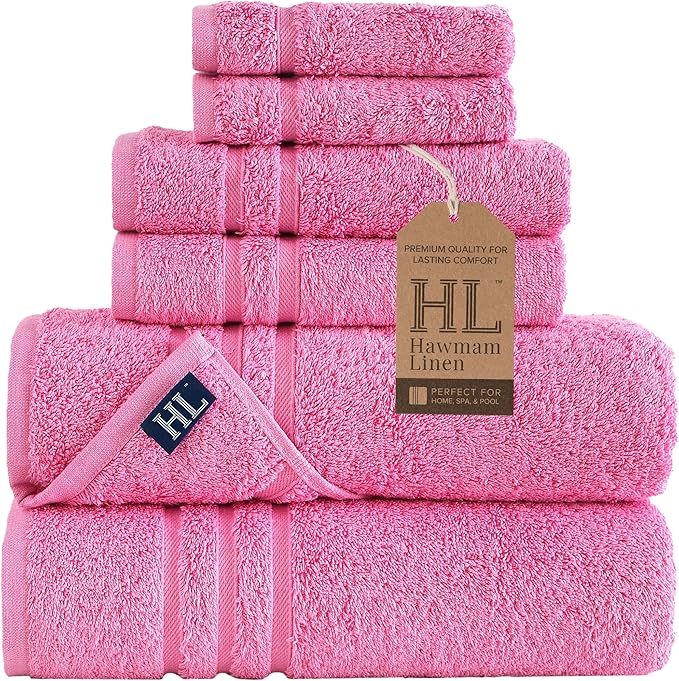 Hawmam Linen Pink 6 Piece Bath Towels Set for Bathroom Original Turkish Cotton Soft, Absorbent and Premium 2 Bath Towels, 2 Hand Towels, 2 Washcloths