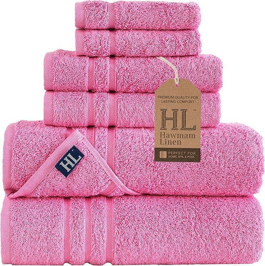 Hawmam Linen Pink 6 Piece Bath Towels Set for Bathroom Original Turkish Cotton Soft, Absorbent and Premium 2 Bath Towels, 2 Hand Towels, 2 Washcloths