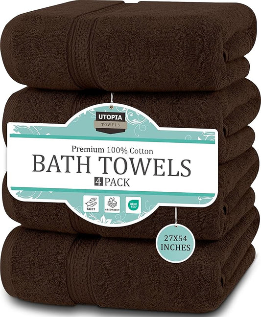 Utopia Towels 4 Pack Premium Bath Towels Set, 27 by 54 Inches, 100% Ring Spun Cotton 600GSM, Lightweight and Highly Absorbent Quick Drying Towels, Perfect for Daily Use, Dark Brown