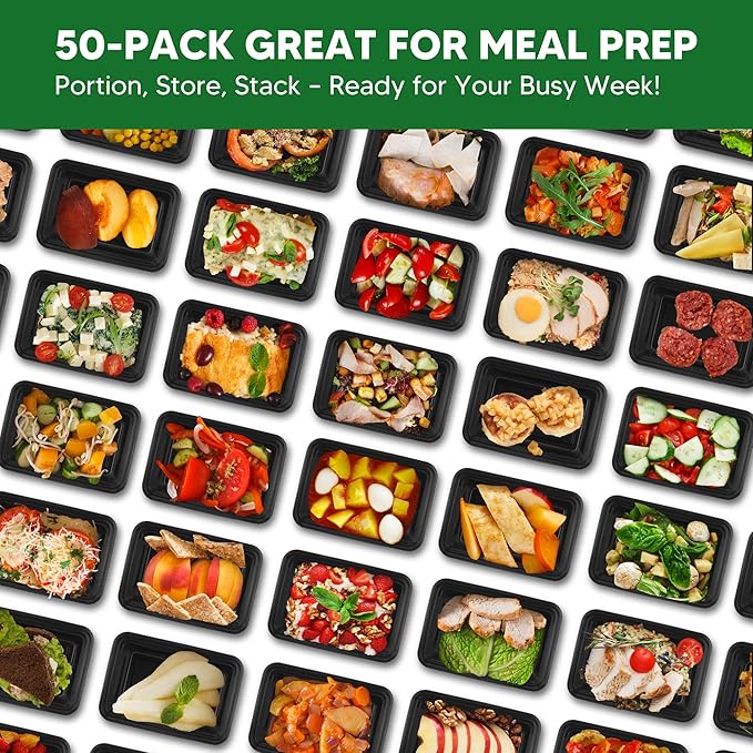 50 Pack Meal Prep Containers with Lids 38oz - BPA-Free, Reusable, Leakproof Food Storage Containers - Microwave/Dishwasher/Freezer Safe, To Go Take Out Plastic Food Storage Pans(Black)