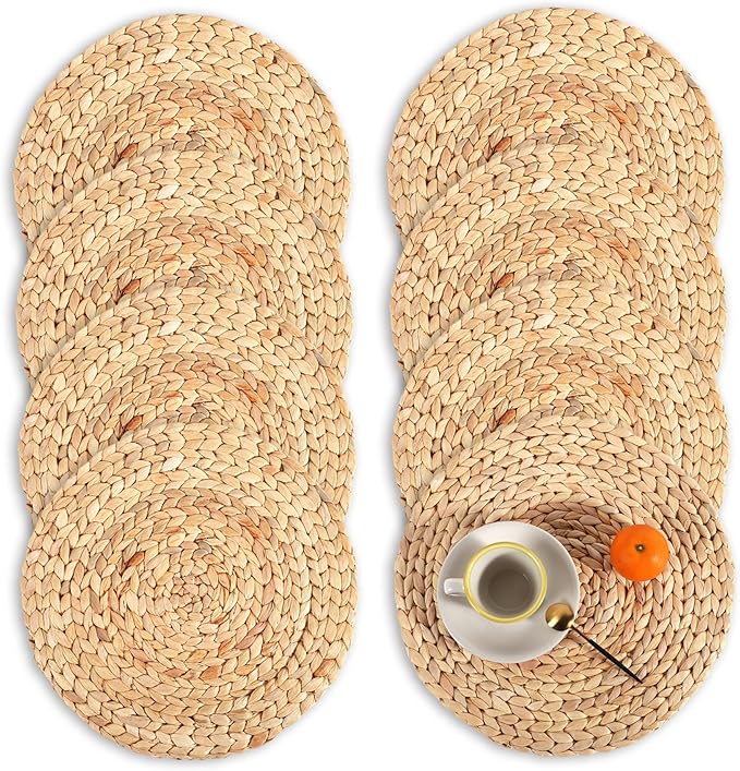 Wicker Placemats, Rattan Placemats, 8Pcs Woven, 13 Inch Farmhouse Round Water Hyacinth Braided for Dining Table, Home, Wedding